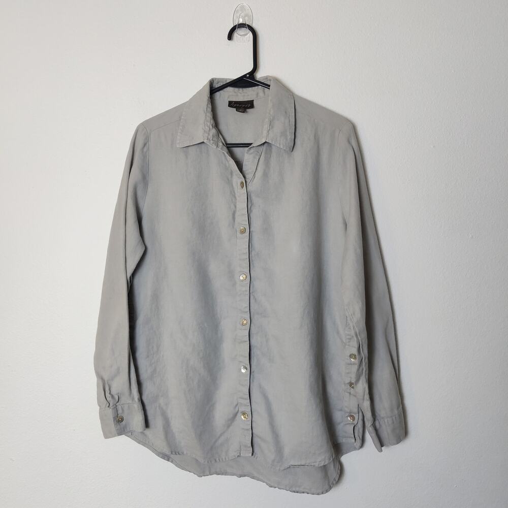 Apropos 100% Linen Button Up Shirt Taupe Gray Medium Neutral Coastal Minimalist